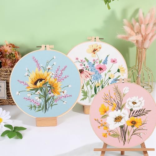Ohcol 3 Sets Embroidery Kit,Cross Stitch Kits Needlepoint Kits for Adults Beginner,Needle Point Kits with Washable Pre-Printed Floral Pattern,Hoops,Women DIY Hand Crafts - color: Flowers (3 Patterns,1 Hoop+ Extas)