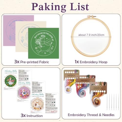 Louise Maelys 3 Pack Embroidery Kit for Beginners, Fun Silly Goose Design - color: Silly Goose