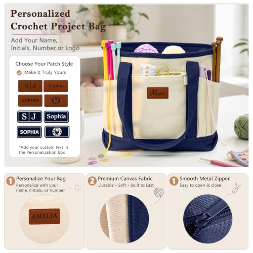 Personalized Crochet Bag with Custom Leather Patch or Embroidered Name, Canvas Knitting Tote for Yarn Storage, Crochet Organizer with Multiple Pockets, Custom Gift for Crocheters & Knitters - color: Nature-Navy, size: Make it Personal