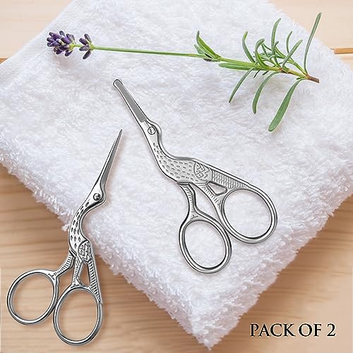2-Pack Curved & Rounded Stork Scissors, Stainless Steel Professional Beauty Grooming Scissors for Eyebrows, Facial Hair, Dry Skin, Nose Hair.
