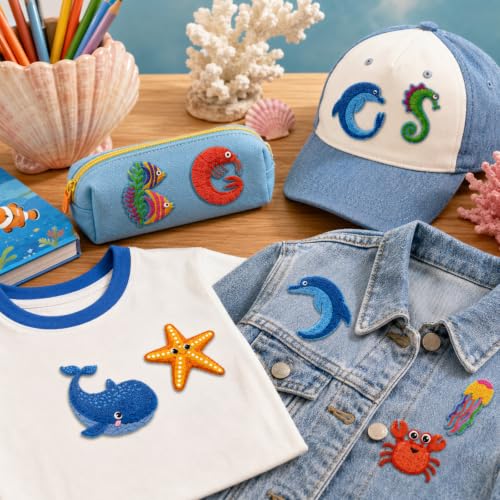 Cinrobiye 41 Pcs Ocean Animals Patches Self Adhesive Under The Sea A to Z Alphabet Applique Sea Animals Themed Chenille Letter Patches Stick on for Clothing Hats Bags Fabric DIY Crafts - style: Marine Animals