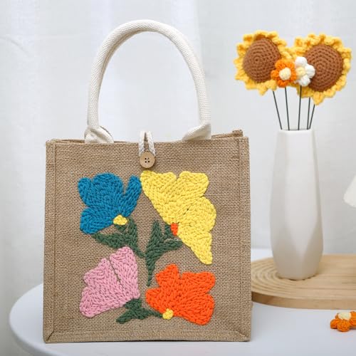 ERNTRNL Punch Needle Tote Bag Kits for Adults Beginner - DIY Punch Needle Embroidery Tote Bag Set, Punch Stitching Kit with Instructions & Video Tutorial Tools (4 Colors)