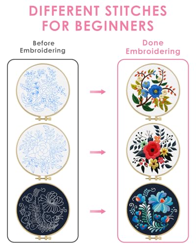 TINDTOP 3 Sets Embroidery Kit for Adults, Floral Embroidery Practice Kit - color: Floral 3 Sets