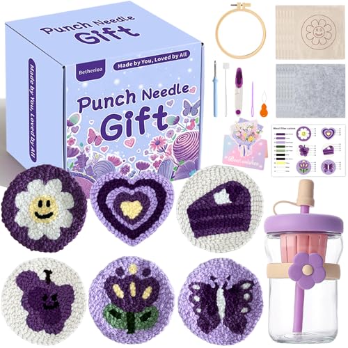 Betherioa Punch Needle Kits for Adults Beginner, 6 Pcs DIY Embroidery Handicraft Kits for Women, Mom, Wife, Birthday, Teacher Appreciation (with Flower Cup)