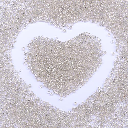 Legefo 4mm Glass Seed Beads Bulk, Clear Silver White 6/0 Small Mini Pony Seed Beads, Tiny Round Craft Bead for Bracelet Necklace Wrist Jewelry Making Beading Weaving DIY Crafts Supplies, 1000pcs - color: CLear Silver White
