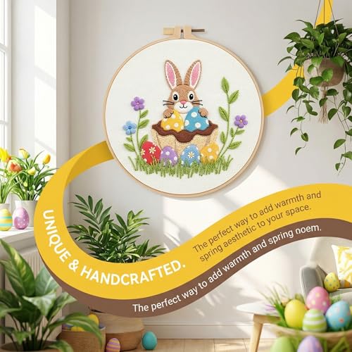 WaFtesh Embroidery Kits for Beginners Adult, DIY Hand Embroidery Cross Stitch Starter Set with Pattern, 3D Rabbit Needlepoint & Cross Stitch 7.9 Inch Hoop Threads, Needles, Instruction - color: Bunny-1