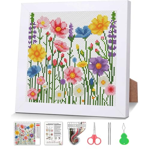 Wildflowers Stamped Cross Stitch Kits for Adult Beginner with Wooden Frame - color: wildflowers Cross Stitch with Framed