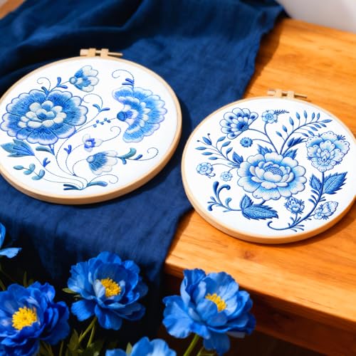 BEUNITONE 4 Set Embroidery Kit for Beginners, Blue Flower Cross Stitch Kits, Needlepoint Kits for Adults with Instructions and Full Kit, Classical Hand Embroidery Patterns for Cloth and Home Decor - style: B-Blue Flower