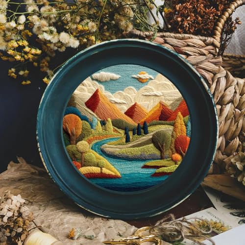 FONNUY Embroidery Kit for Beginners, Brightly Colored Landscape Lake Pre-Stamped Pattern Kits for Adults with Hoop, Easy to Follow Color Thread Needlework, 8'' Hoop (Blue) - color: Blue