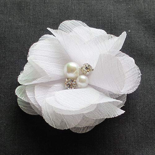 Chenkou Craft Pack of 12pcs Chiffon Flowers Ribbon Bows W/Beads 2-3/8" (60mm) Appliques Wedding Decor Bulk Lots (White) - color: White