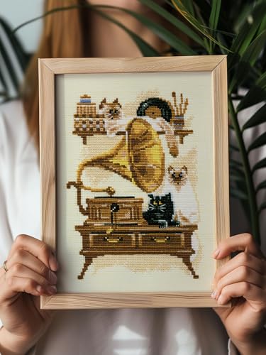 RIOLIS 859 Cat with Gramaphone Counted Cross Stitch Kit 7 x 9.5 in - style: Cat with Gramaphone 859