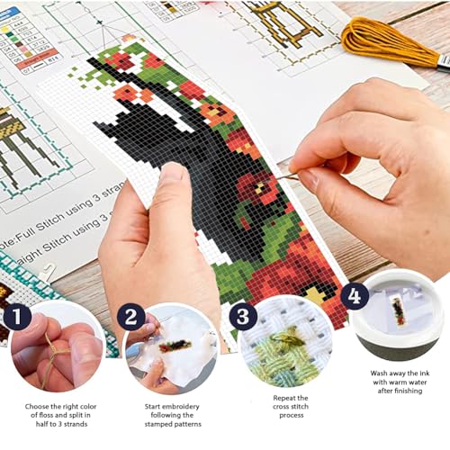 FREEBLOSS 6 Set 11CT Cross Stitch Bookmark Kits 8"x2.4" Cat&Flowers - style: Poppy&Cats