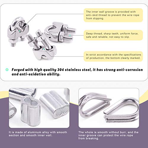 Swpeet 24Pcs M10 (3/8") Wire Rope Accessory Set, Included M10 Wire Rope Cable Clip Clamp, M10 Stainless Steel Thimble, 10mm Aluminum Crimping Loop Sleeve Perfect for 1/8 inch Wire Rope Cable (M10) - size: M10