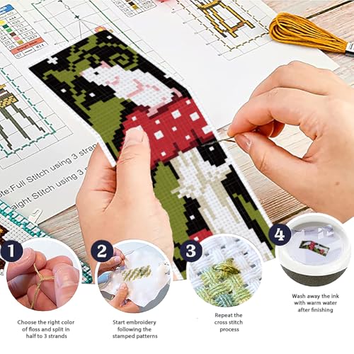 ACRNIGHEET 6PCS Stamped Cross Stitch Bookmark Kit for Beginners Mushroom - style: Mushroom Patterns