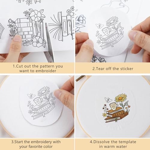 Water Soluble Embroidery Patterns Stabilizers, 4 Sheets Book Lover Stick and Stitch Embroidery Paper Wash Away, Pre-Printed Flower Transfer Papers Customized Gifts for Hand Sewing Lover Beginners - size: Flower Book B