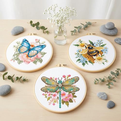3 Pack Cross Stitch Kits for Beginners-Insects and Flowers,with Hoop 8x8in - color: Insects and Flowers
