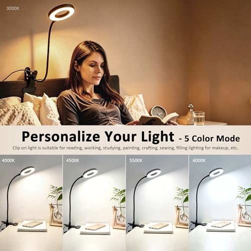Akynite Desk Lamp Clip on Light, 48 LED Clamp Lamp, 5 Color 10 Brightness