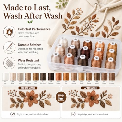 Simthread 15-Color Polyester Machine Embroidery Thread Set, Brown Series - color: 15C-Brown-Box