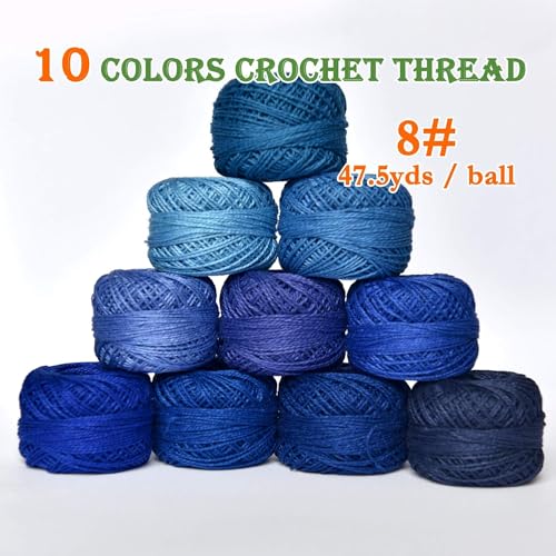Crochet Thread 10 Balls Size 8 for Crochet Hardanger Cross Stitch Needlepoint Hand Embroidery (Lt Blue Series) - color: Blue Series