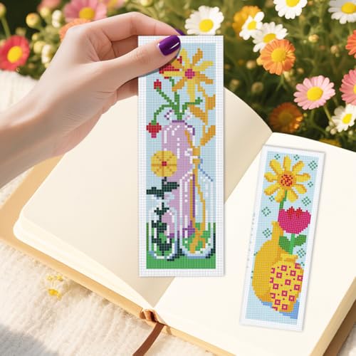 INFUNLY 6PCS/Set Flower Vase Cross Stitch Bookmark Kit 2.99x8.54 Rose Floral Handmade Cross Stitch Bookmarks DIY Embroidery Bookmarks for Readers with Instruction for Starter Adults Book Lovers - style: Flower Vase