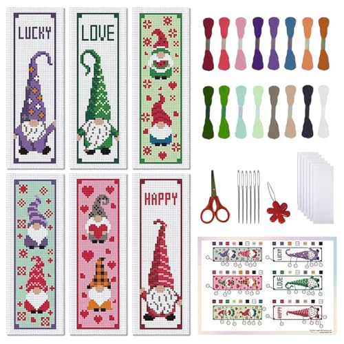 FREEBLOSS 6Pcs Cross Stitch Bookmark Kits Gnome Elf Pattern Stamped Embroidery Bookmarks Beginner Embroidery Kit with Instructions Counted Cross Stitch Kit for Hand Embroidery Gift - style: Gnomes