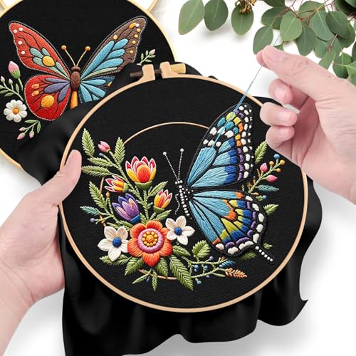 ERKOON Embroidery Kit for Beginners, 2 Set Flower Cross Stitch Set Include Embroidery Cloth Hoops Threads for Craft Lover Hand Stitch with Embroidery Skill Techniques (Butterfly) - color: Butterfly