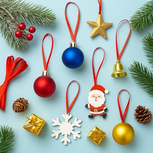 100Pcs Christmas Ornament Ribbon Hangers, Hand Tied Christmas Ornament String Ribbon Loops for Ornament Hanging Christmas Tree Hanging Decorations Red, and DIY Crafts, Red Ribbon Ornament Hangers