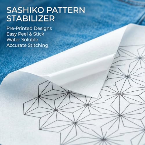 12 Sheets Pre-Printed Water Soluble Stabilizer with Sashiko Patterns, Stick and Stitch Embroidery Transfer Paper for Hand Sewing, Quilting and Embroidery
