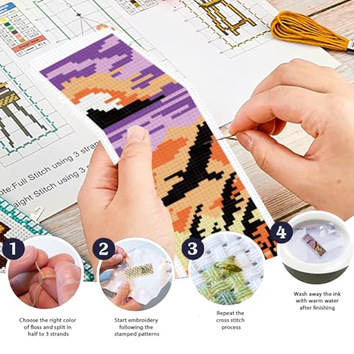 ORIGACH 6 Set Sunset Mountain Silhouette Cross Stitch Bookmark Kit - style: Sunset Landscape