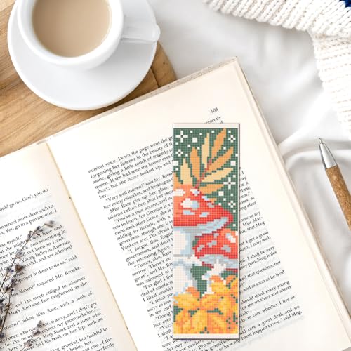 FREEBLOSS 6 Set Cross Stitch Bookmark Kit for Beginner Adults Mushroom Stamped Embroidery Bookmark Kits Cross Stitch Kits with Instruction Bookmarks Making Kit for Book Lovers 8x2.4in/22x8cm - style: Mushroom
