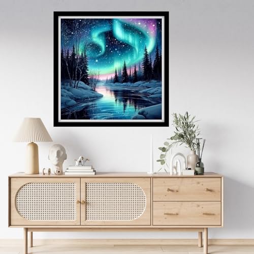 Fanxvivy Counted Cross Stitch Kits for Adults 11CT Unprinted Cross-Stitch Patterns Embroidery Kits Easy Cross Stitching Needlepoint Kits-Northern Lights Snow Scene 18x18 inch - color: DIYcraft15