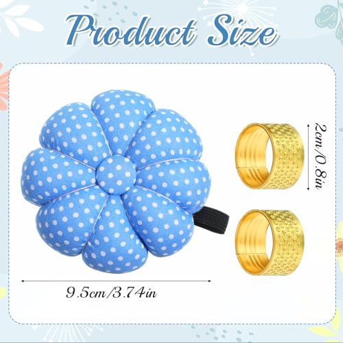 Wrist Pin Cushion for Sewing with 2 Gold Thimbles, Cute Pumpkin Needle Pincushion with Elastic Strap for Quilting, Embroidery, Needlework, DIY Crafts (Blue)
