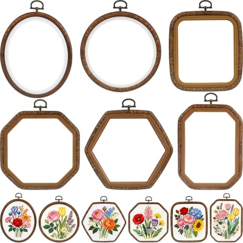 Qunclay 6 Pcs Large Embroidery Hoop Frame Decorative Imitated Wood Display Frame Circle Oval Octagonal Cross Stitch Hoop Ring for DIY Sewing Craft and Hanging Ornaments Decor (Original) - style: Original