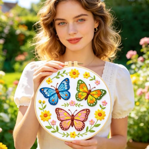 BEUNITONE 6 Set Embroidery Kit for Beginner Adults, Colorful Butterfly Floral DIY Cross Stitch Set with Stamped Pattern Hoops Threads Cloth Needles, Embroidery Starter Kit for Home Decor and Gifting - style: Butterfly