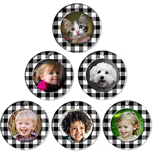 The Original Mini Photo Christmas Ornaments, Magnetic Easy-Load Rustic Buffalo Plaid Picture Frame Ornament, Includes Photo Protectors Plus Hooks for Hanging, Round, Black and White 6-Pack - color: Black and White