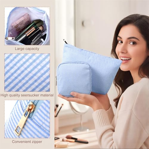 Sanwuta 4 Pcs Seersucker Pouch Striped Makeup Bag Set, Acid Blue - color: Blue