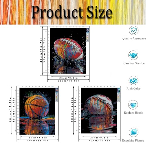 3 Pack Graffiti Ball Sports Stamped Cross Stitch Kits for Adults Beginners - color: Rugby, Basketball, Baseball