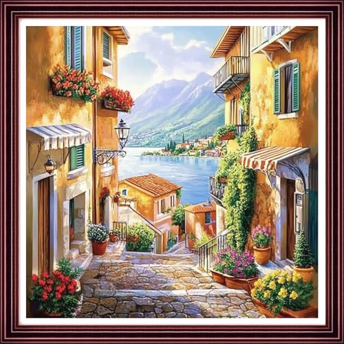 Funchey Counted Cross Stitch Kits for Adults Needlepoint Kits Unprinted Cross Stitching Embroidery Kit 11CT Cross Stitch Supplies-Small Town Flower Street Scenery 18x18 inch - color: ArtsKit45