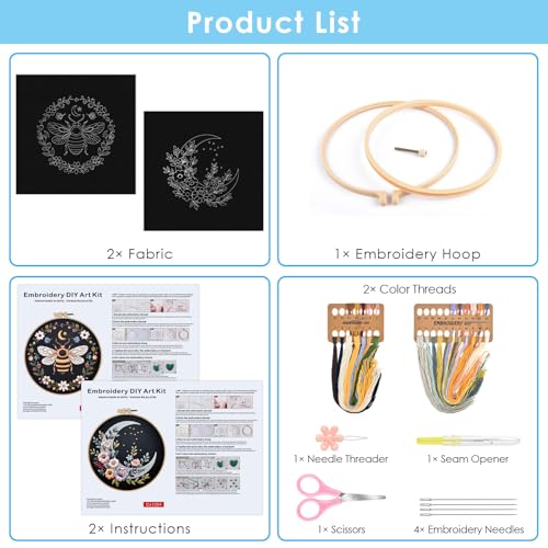 ERKOON Embroidery Kit for Beginners Adult, 2 Set Flower Cross Stitch Set Include Embroidery Cloth Hoops Threads for Craft Lover Hand Stitch with Embroidery Skill Techniques (Bee Moon) - color: Moon and Bee