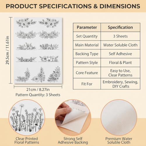 3 Sheets Floral Water Soluble Embroidery Patterns Stabilizers
