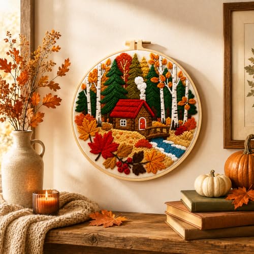 Zhenqing Autumn Cabin Embroidery Kit for Beginners (C0140) - color: Autumn Cabin