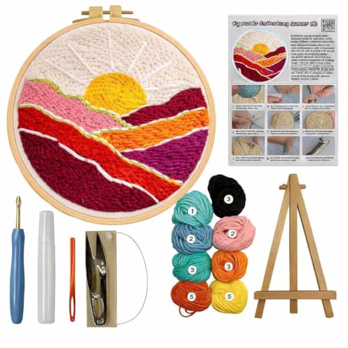 CELCRAFTIQUE Punch Needle Kits for Adults Beginner, Tool with Punch Needle Fabric, Hoops, Yarns and Sewing Needles (Sunset Valley) - color: Sunset Valley