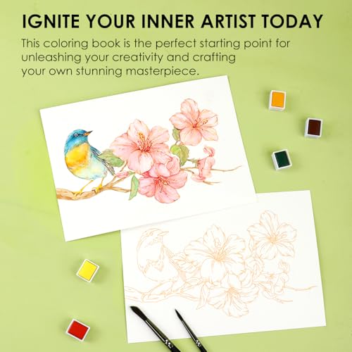 Grabie Watercolor Coloring Book, 15 A5 Cotton Sheets, Flower Themed - color: Floral