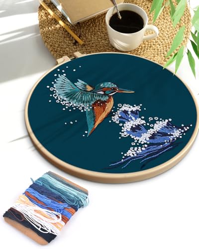 TINDTOP Embroidery Kit for Beginners Adult, Kingfisher Embroidery Kit for Beginners Include Embroidery Cloth Hoops Threads for Craft Lover Hand Stitch with Embroidery Skill Techniques - color: Kingfisher