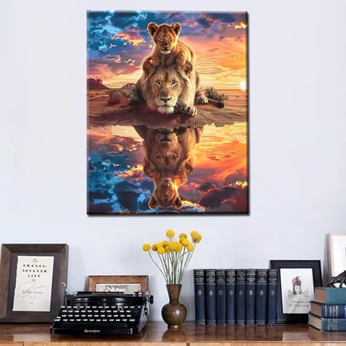 Paint by Numbers Kits for Adult DIY Reflection of Animals in Water Acrylic Pigment King of the Prairie Lion Canvas Oil Painting for Beginner Kids Home Wall Art Decor Gift 16''W x 20''H（Manual Frame） - color: Art-08, size: 16''Wx20''H(DIY Frame)