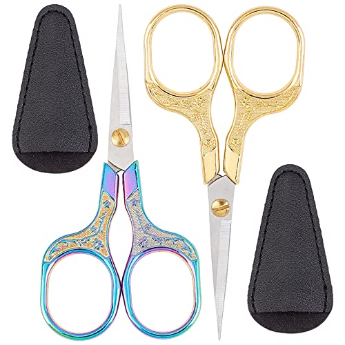 SUNNYCLUE 2Pcs 5 Inch Stainless Steel Embroidery Sewing Scissor Retro-Style Needlework Sewing Scissor with 2Pcs Protective Scissors Cover for Fabric Paper Cutting Craft Threading Use - color: Rainbow Color & Golden-2pcs-sewing Scissors With Cover