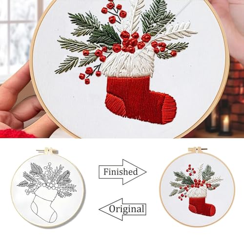 JCBCKJ Christmas Embroidery Beginner Set - A Cross Stitch Set Suitable for Beginners, with Step-By-Step Guide, Pre Printed Fabric, Christmas Sock Gift Pattern Embroidery