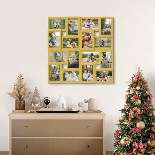 J.M.Deco Collage Picture Frames for Wall 16 Opening, Large Photo Frame Collage Wall Hanging for 4x6 Photo, Reunion Friends Family Memory, Christmas Gift - Golden - color: Golden, size: 16 Opening