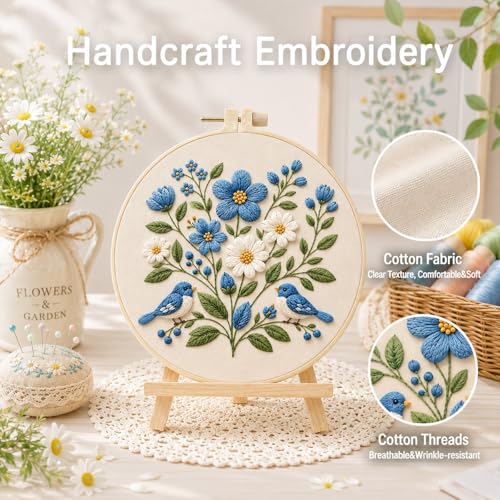 ARTopet Embroidery Kit for Adults Beginners Flower DIY Craft Starter Set Cotton Needlepoint Set with 7.87In Hoop Threads Tools Perfect Gifts for Hobbyists to Create Wall Art-Birds - color: Birds