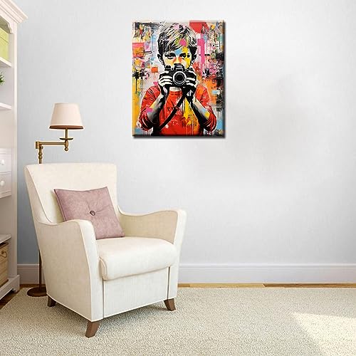 Banksy DIY Oil Painting Paint by Numbers Kits 16 x 20in A Boy Hold a Camera Street Pop Art Canvas Oil Painting Best Gift for Kids Students Adults Beginner with Brushes and Acrylic Pigment (DIY Frame) - color: Banksy-02, size: 16''Wx20''H(DIY Frame)